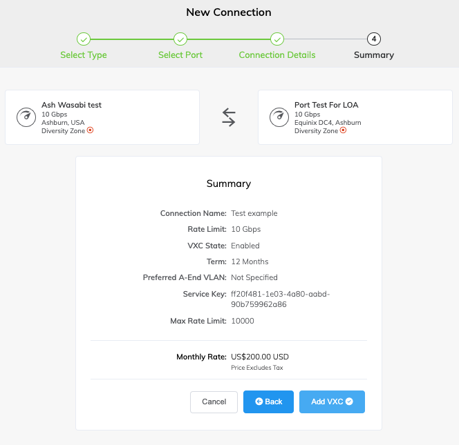 This image shows a summary of the Wasabi connection details. It shows the settings defined in the set up - Connection name, rate limit, vxc state, term, preverred A-End vlan, service key, max rate limit, and the monthly rate. There are three buttons at the end - Cancel, back and Add VXC.