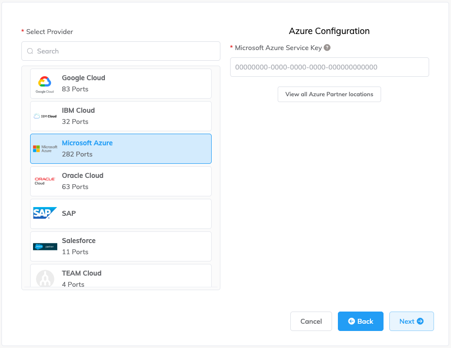 The new connection 'Select Port' page with the Microsoft Azure Provider selected