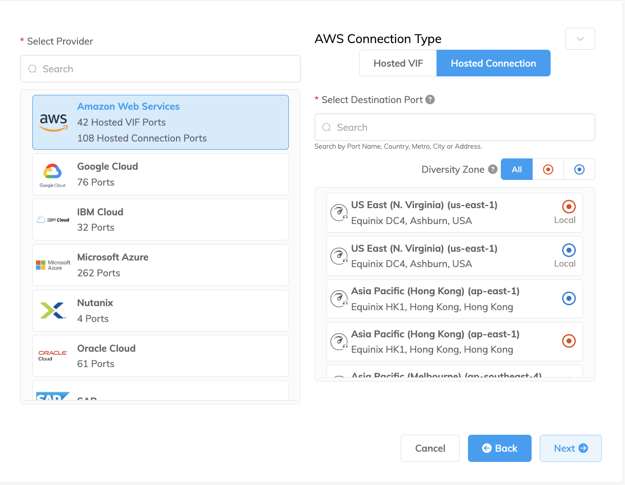 Specify a connection type and destination