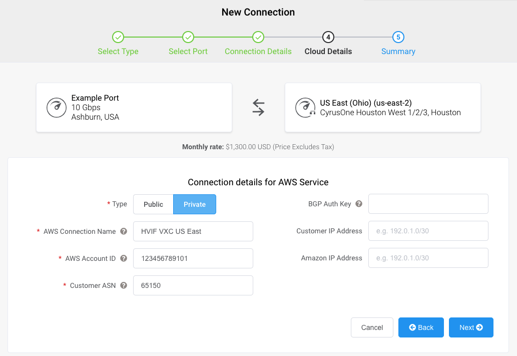 AWS details for Hosted VIF connection
