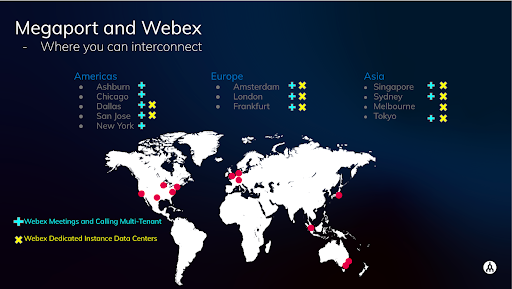 Webex Edge Connect is available in these locations with Megaport. Including Asia Pacific, Europe, and North America