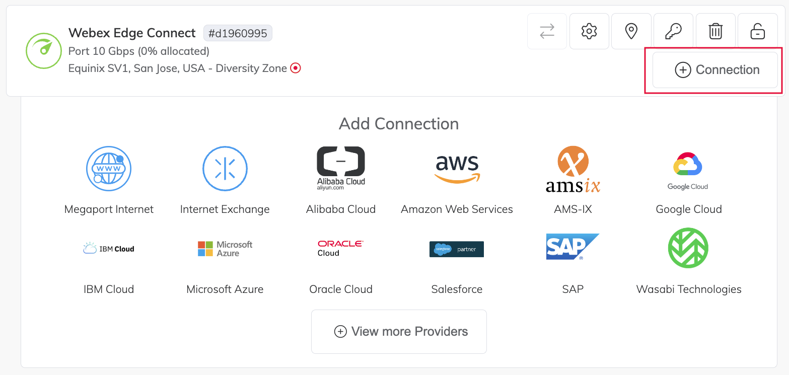 Locate your Port for the connection to Webex then click the +Connection button