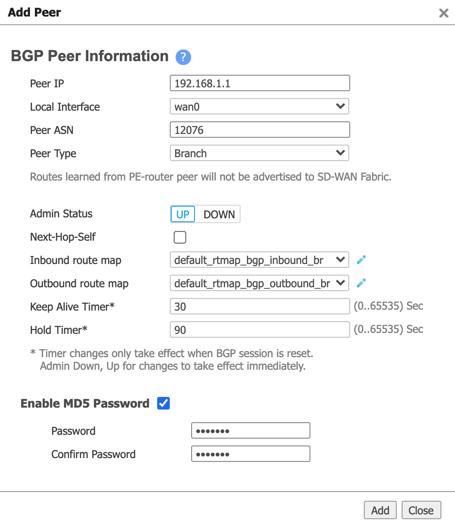 Add BGP peer for Aruba