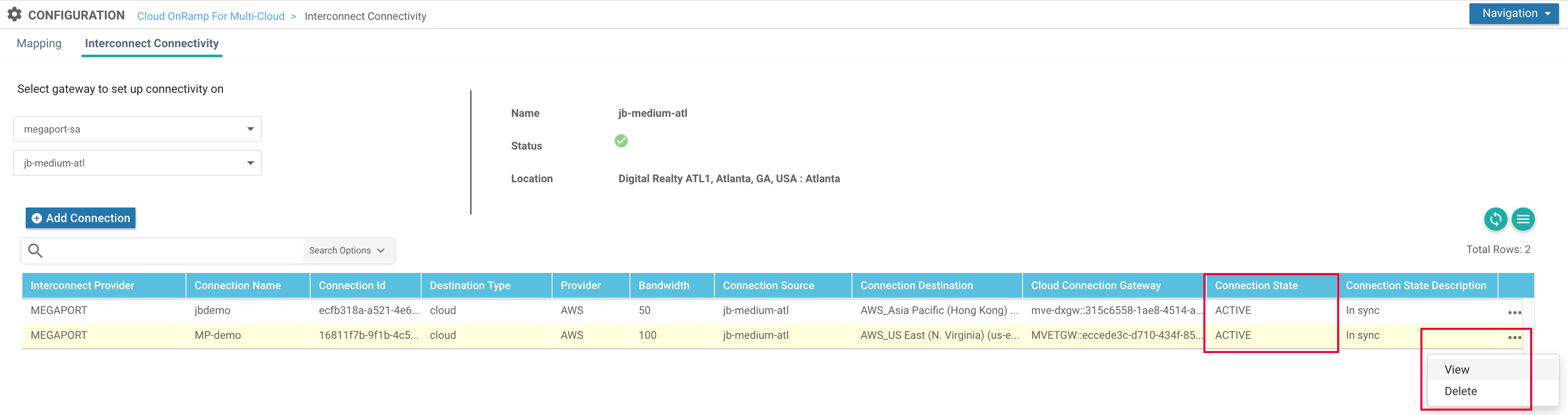 vManage AWS Connection State and Details