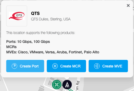 This image shows the details for an expanded location. It says 'This location supports the following products:Ports - 10Gbps, 100Gbps, MCRs, MVEs. Cisco, VMware, Versa, Aruba, Fortinet, Palo Alto.' There are buttons along the bottom of the pop-up that say 'create port', 'create MCR', and 'create MVE'.
