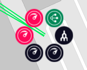 Dieses Bild zeigt die einzelnen Dienste an diesem Standort. Jeder Dienst wird als farbige Scheibe mit einem Symbol für den jeweiligen Diensttyp dargestellt. Die farbigen Scheiben sind in einem Kreis angeordnet. In diesem Beispiel gibt es zwei rote Ports, zwei schwarze Ports, eine grüne MVE und eine schwarze Scheibe, die den Standort darstellt.