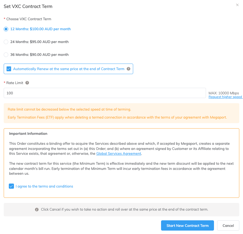 Vertragslaufzeit für VXC festlegen