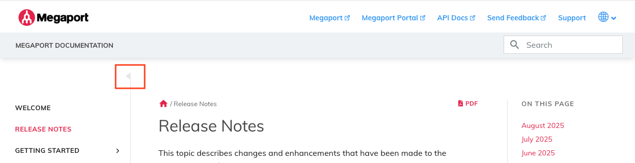 Bild, das die neue Funktion Navigation anzeigen/ausblenden in der Dokumentation zeigt