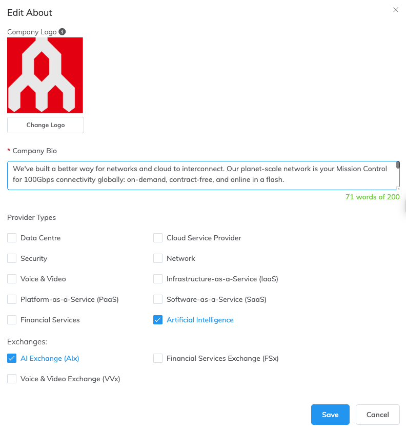 Megaport Marketplace-Profil About-Tab