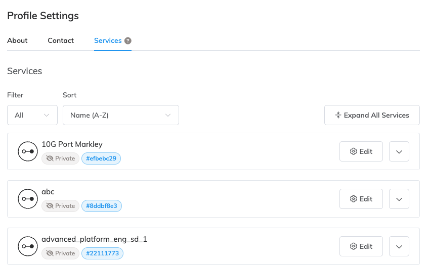 Megaport Marketplace-Profil Services-Tab