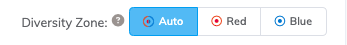 Diese Abbildung zeigt die verfügbaren Schaltflächen zur Auswahl einer Diversität-Zone. Es gibt einen halb blauen und halb roten Kreis für die Auto-Auswahl, einen roten Kreis für die rote Diversität-Zone und einen blauen Kreis für die blaue Diversität-Zone.