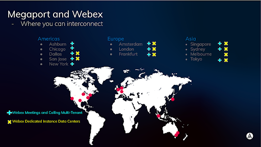 Webex Edge Connect está disponible en estas ubicaciones con Megaport. Incluye Asia Pacífico, Europa y Norteamérica