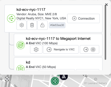 Esta imagen muestra la ventana emergente que aparece al hacer clic en un icono de MVE. Muestra los detalles de la conexión. Le indica el nombre del servicio, el proveedor (Aruba en este caso), el tamaño del servicio y dónde está ubicado. La imagen muestra a qué está vinculado el servicio mediante una estructura jerárquica. Este es un MVE de Aruba ubicado en Nueva York. Está vinculado a un servicio de Megaport Internet y a un servicio de Marketplace de Megaport.
