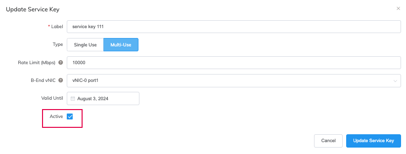 Esta imagen muestra la ventana de creación de claves de servicio con la casilla Active resaltada. 