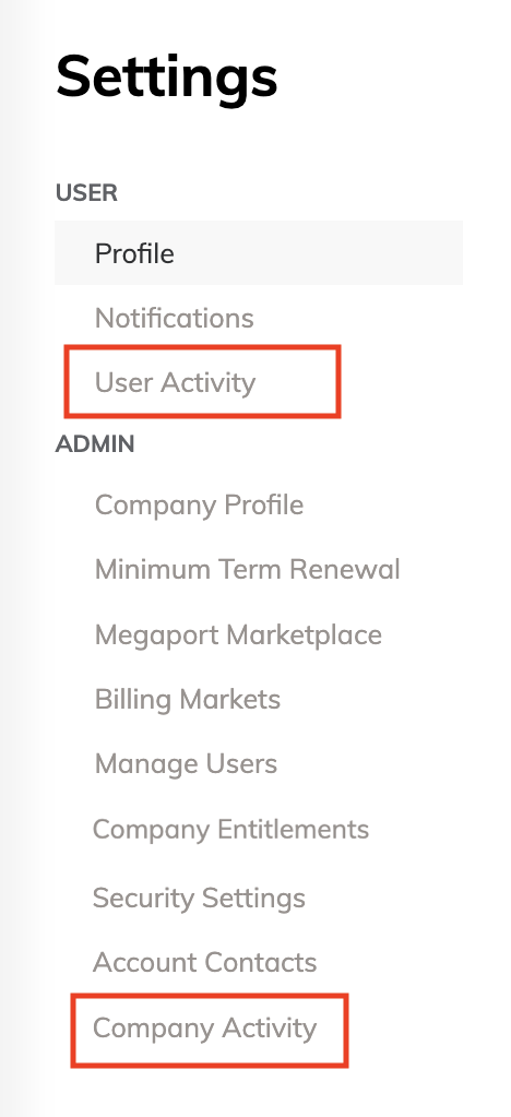 Esta imagen muestra las opciones User Activity y Company Activity en la configuración de Portal