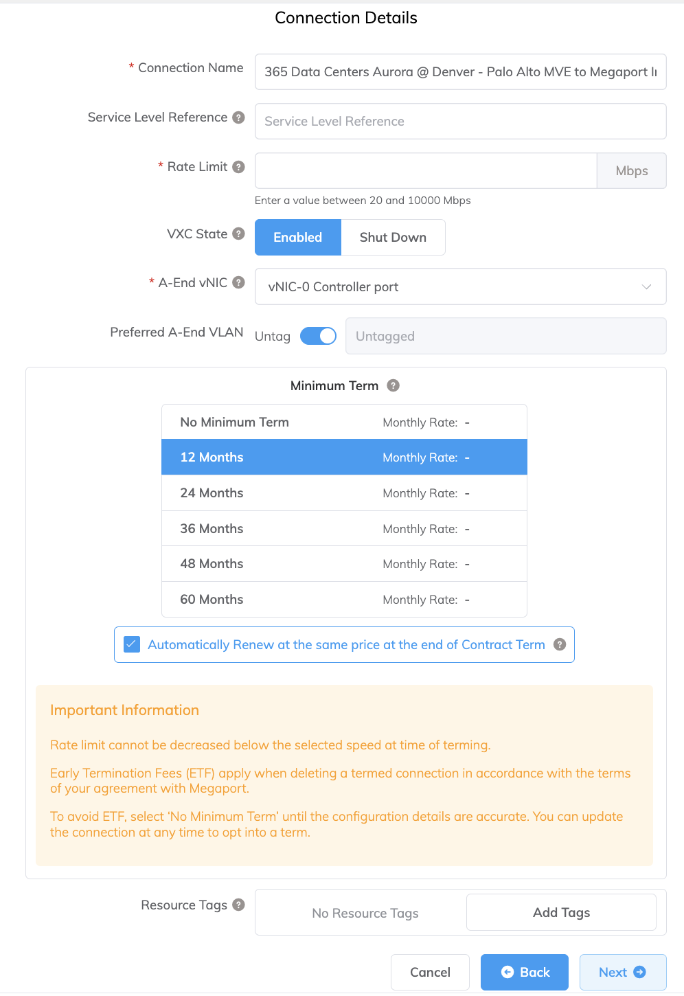 Detalles de la conexión Megaport Internet