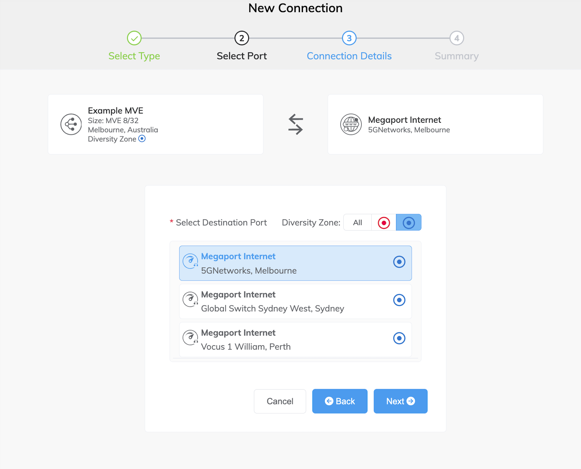 Sélectionner le routeur B-End ou IP Transit pour la connexion Megaport Internet