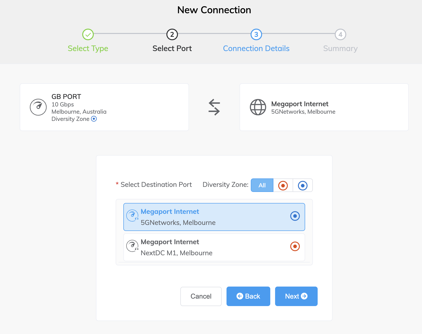 Sélectionnez le routeur IP transit ou B-End pour la connexion Megaport Internet. 