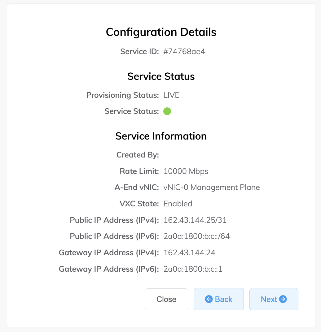 Détails de connexion Megaport Internet