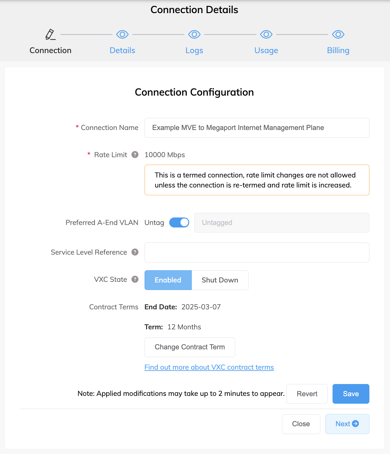 Détails de connexion Megaport Internet