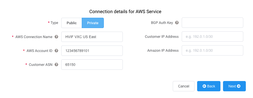 Dettagli AWS per connessione Hosted VIF