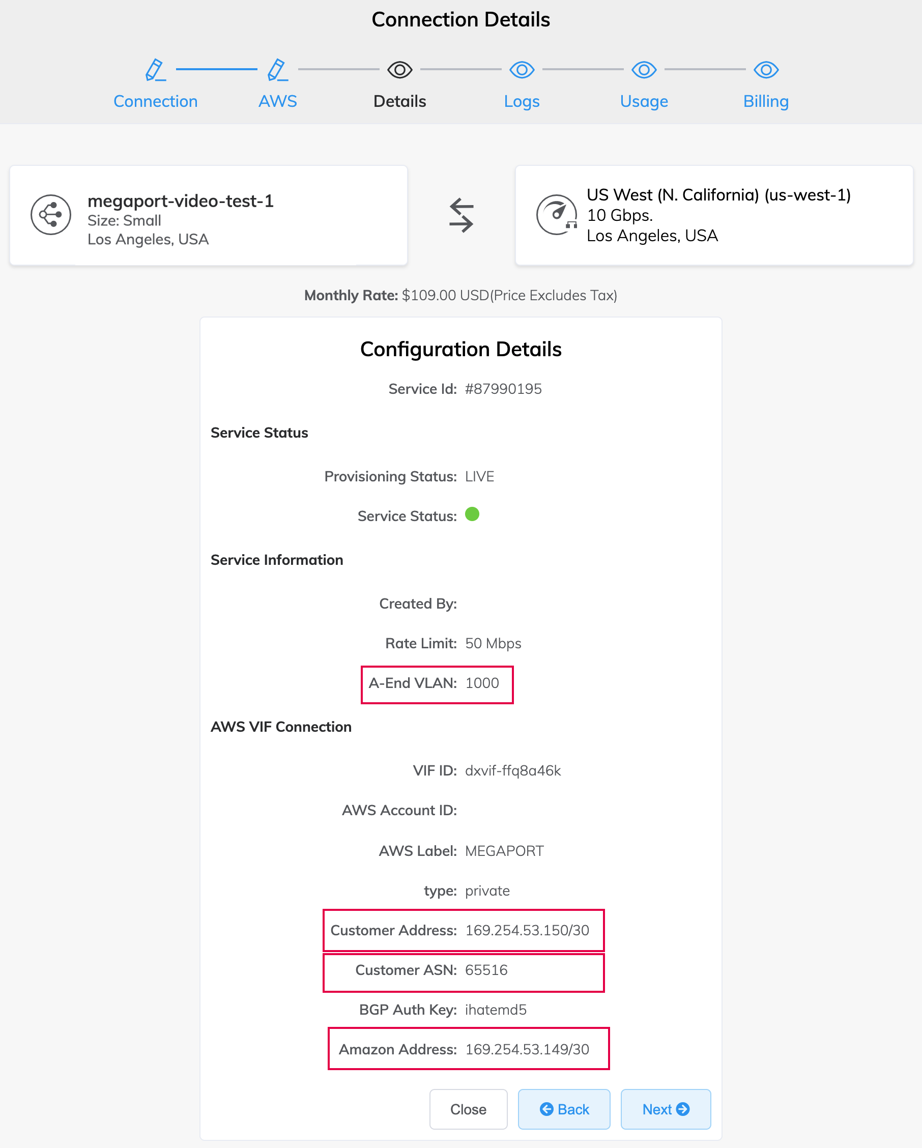 Dettagli connessione AWS