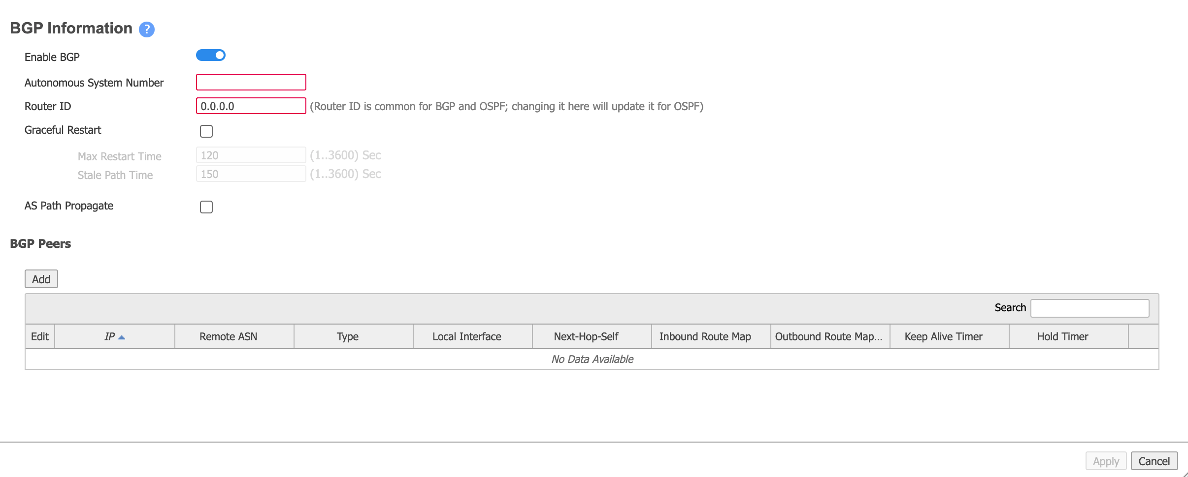 Aggiungi peer BGP per Aruba