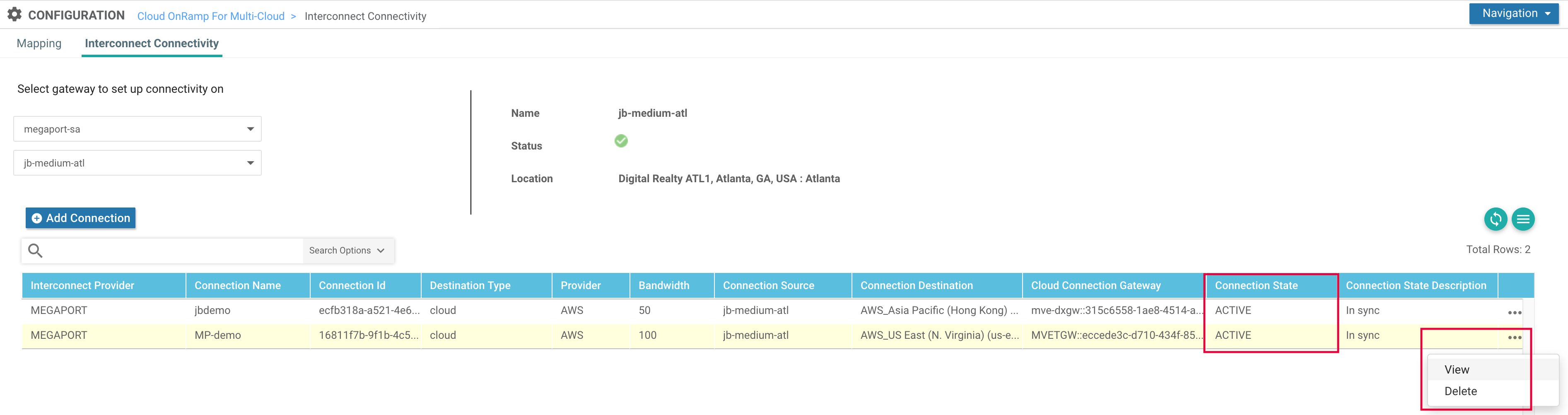 Dettagli e Stato del Connessione AWS vManage