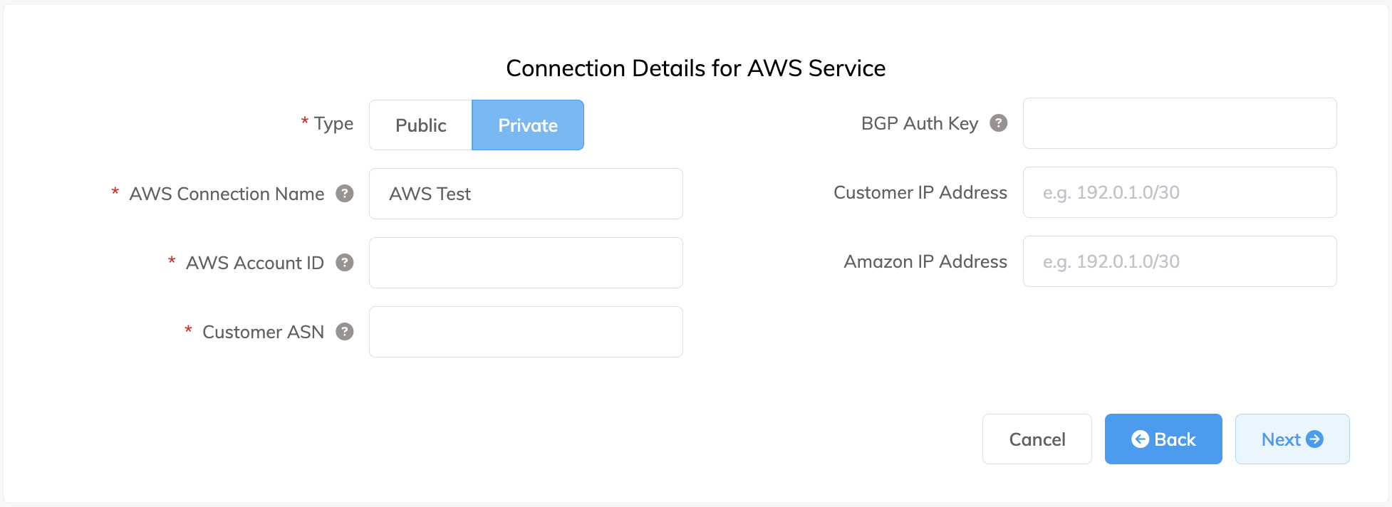 Dettagli connessione AWS