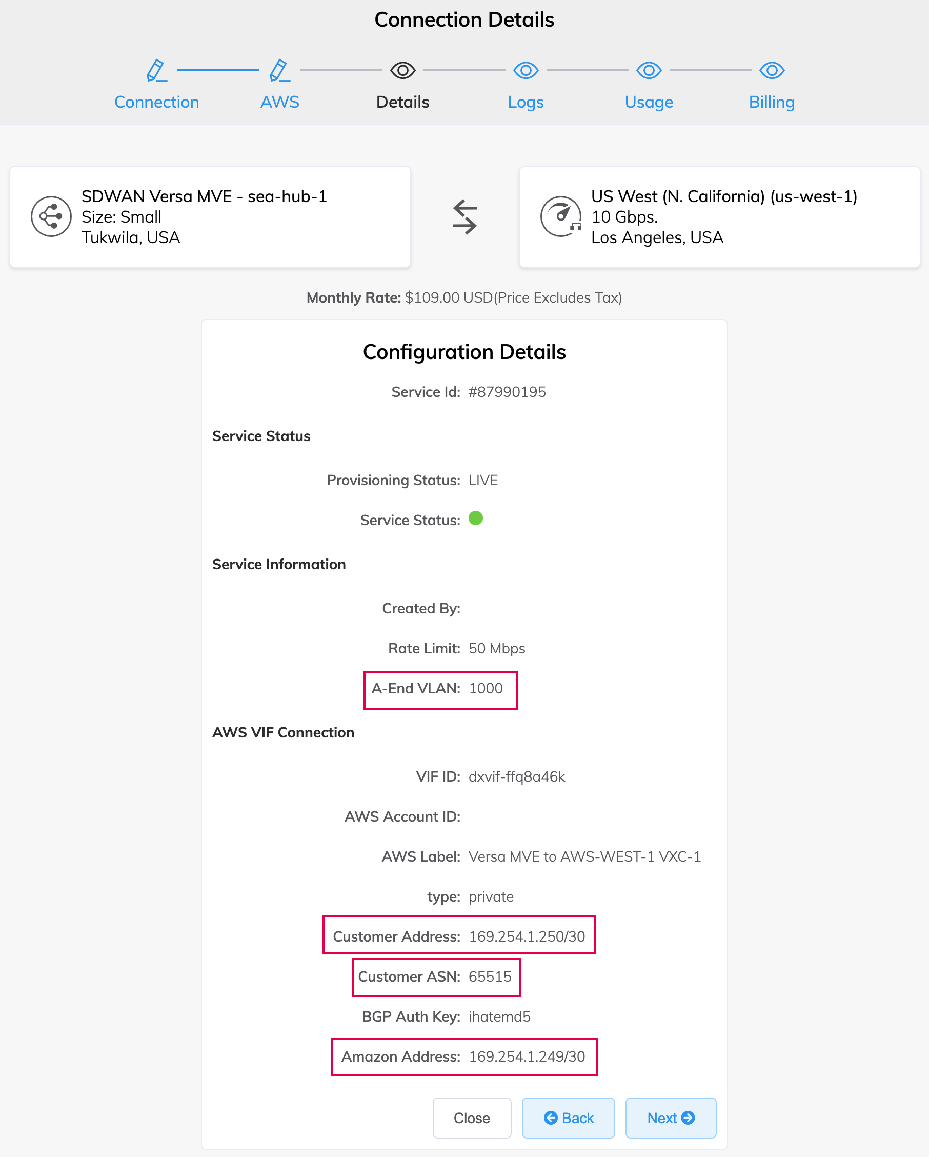 Dettagli della connessione AWS
