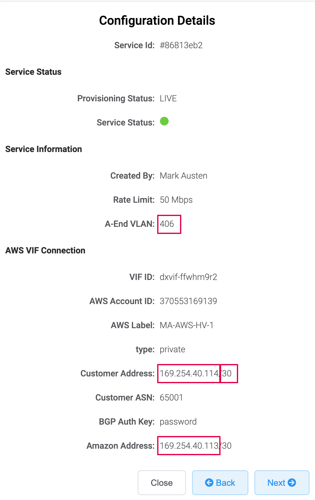 Dettagli della connessione