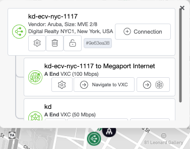 Questa immagine mostra il pop-up che appare quando fai clic su un'icona MVE. Mostra i dettagli della connessione. Ti dice il nome del servizio, il fornitore - Aruba in questo caso, la dimensione del servizio e dove si trova. L'immagine mostra a cosa è collegato il servizio utilizzando una struttura gerarchica. Questo è un Aruba MVE situato a New York. È collegato a un servizio Megaport Internet, e a un servizio Megaport Marketplace.