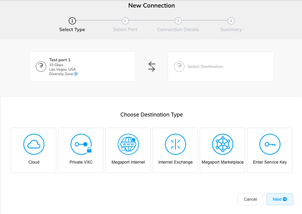 Questa immagine mostra la pagina che appare quando fai clic sul pulsante aggiungi connessioni. Viene mostrata la pagina standard Nuova connessione, che ti permette di scegliere un tipo di destinazione da una fila di icone. Le icone sono cloud, vxc privato, Megaport Internet, internet exchange, Megaport Marketplace, e Inserisci chiave di servizio. Ci sono un pulsante annulla e un pulsante avanti sul fondo della pagina.