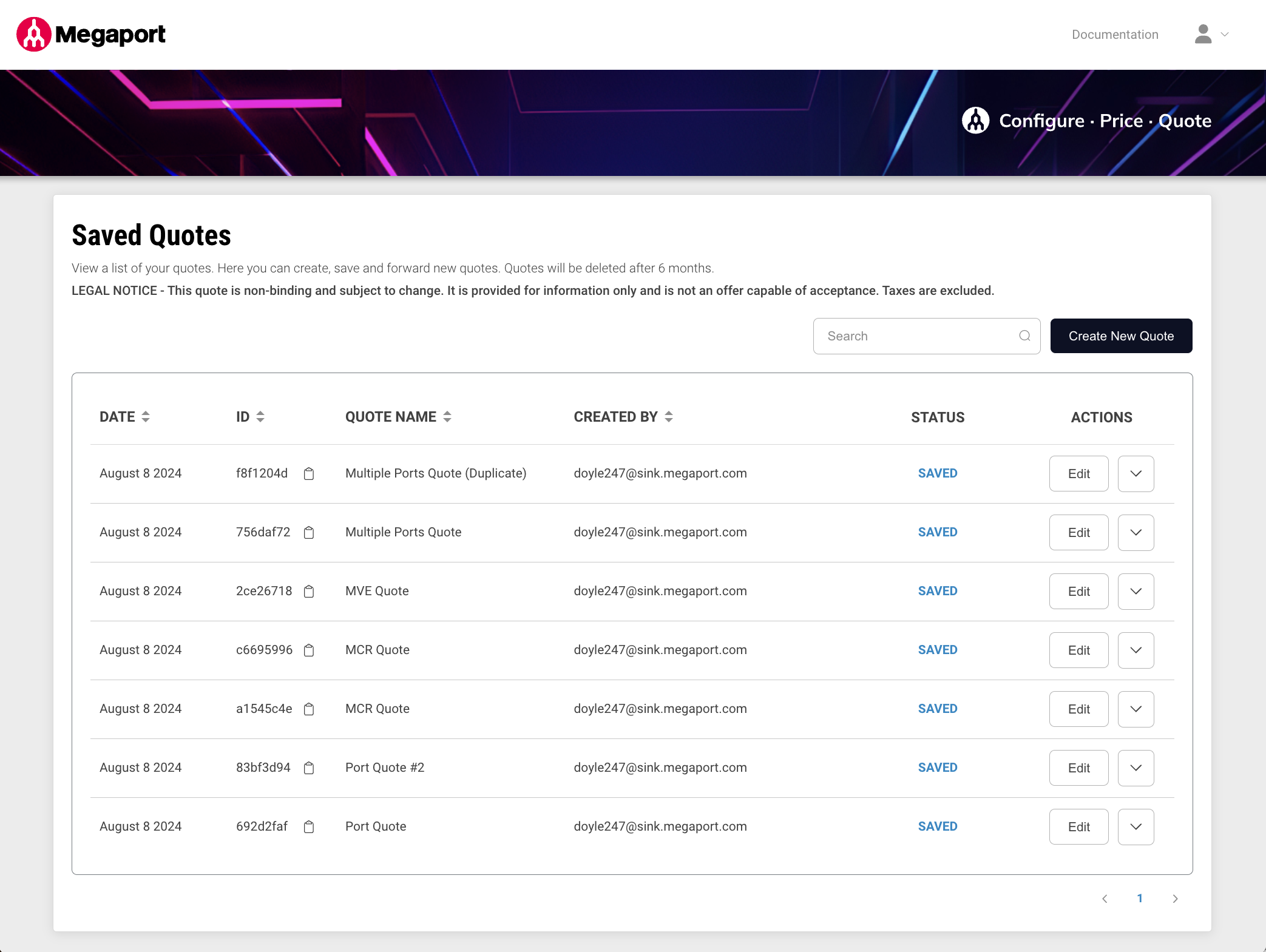 Pagina dei preventivi salvati del Quoting Tool