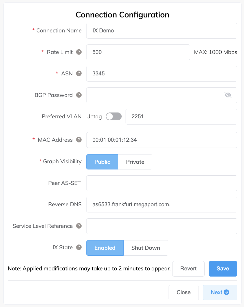 Pagina di configurazione della connessione IX