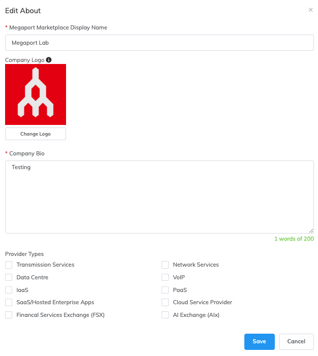 Scheda Informazioni del profilo Megaport Marketplace