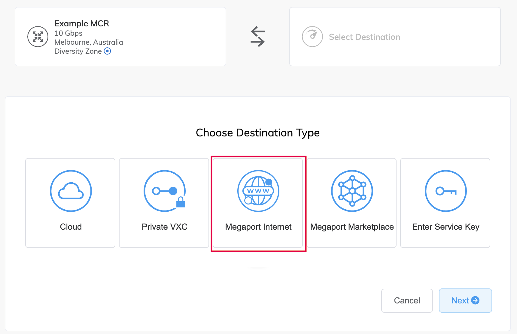 Crea connessione Megaport Internet