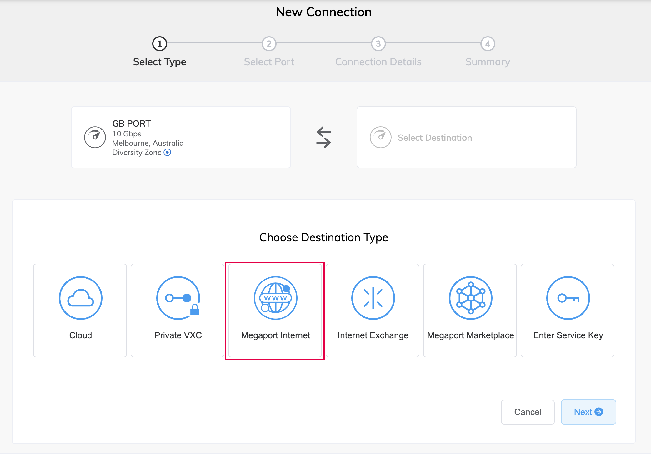 Crea connessione Megaport Internet