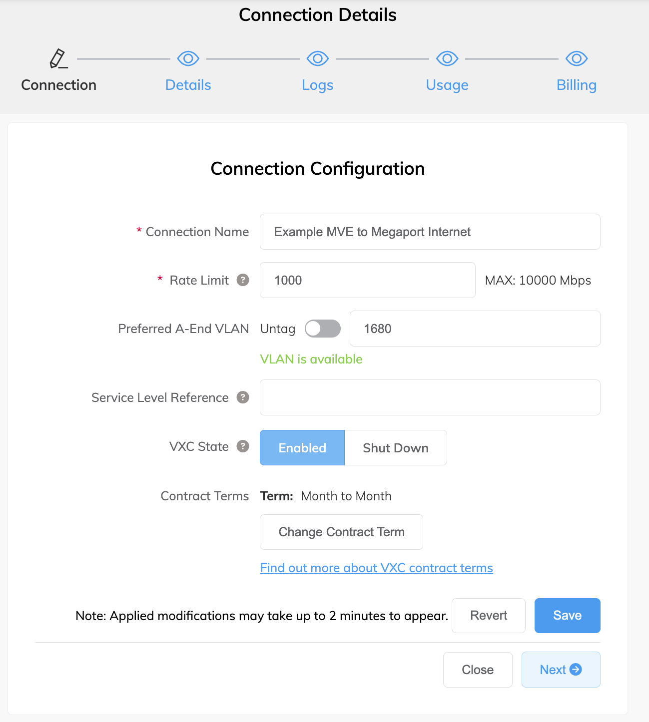 Dettagli connessione Megaport Internet