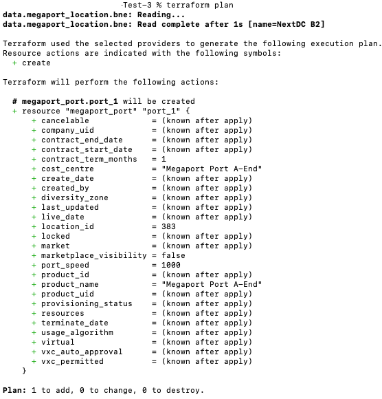 Esempio di output di terraform plan