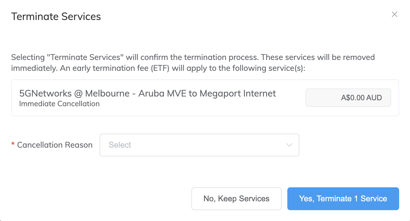 Delete Megaport Internet Terminate Services (Megaport インターネット サービスの終了)」ウィンドウ