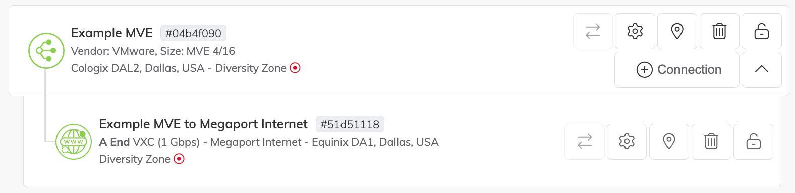 MVEおよびMegaport Internet接続がMegaport Portalに表示されます