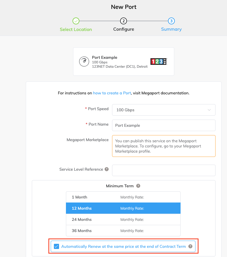 新しいPortがMinimum Term Renewalのデフォルト有効設定を示す