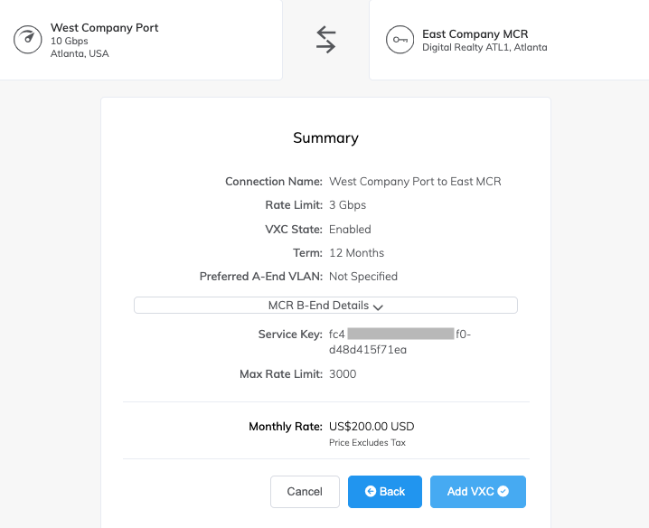 This image shows a summary of the details of the added VXC for review.