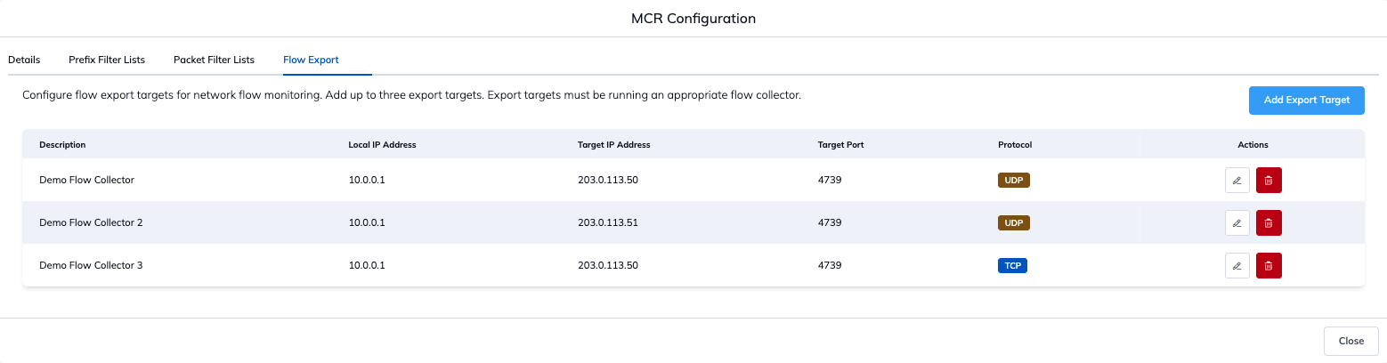 MCR 3 flow export targets setting