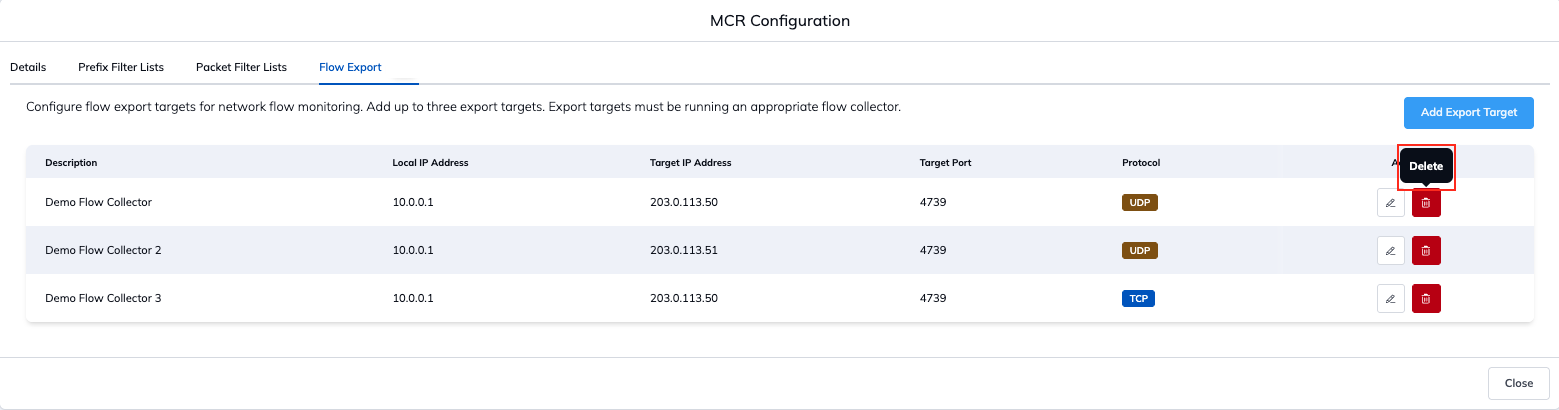 MCR mcr flow export delete