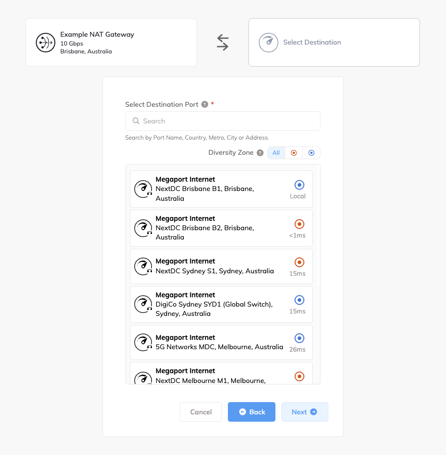 Select the B-End or IP Transit router for the Megaport Internet connection