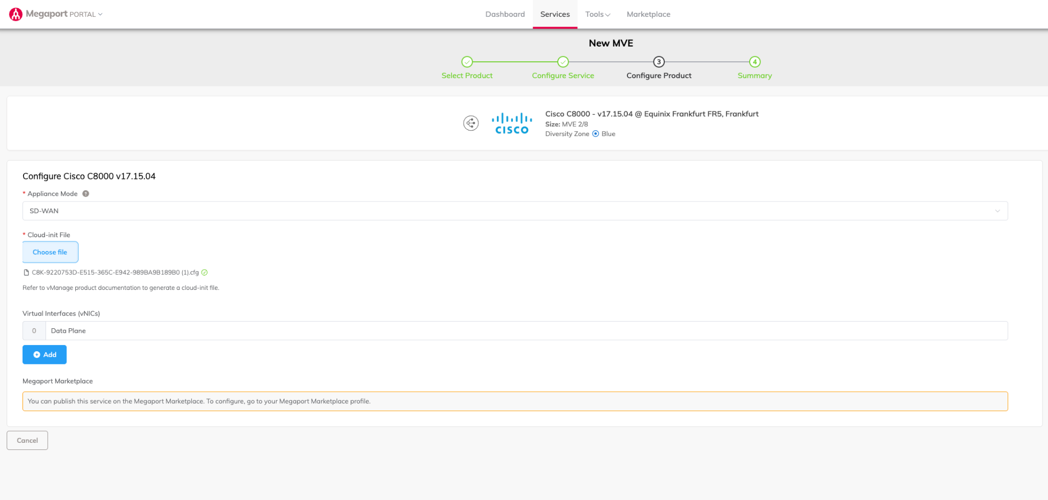 Upload the cloud-init file in the Megaport Portal