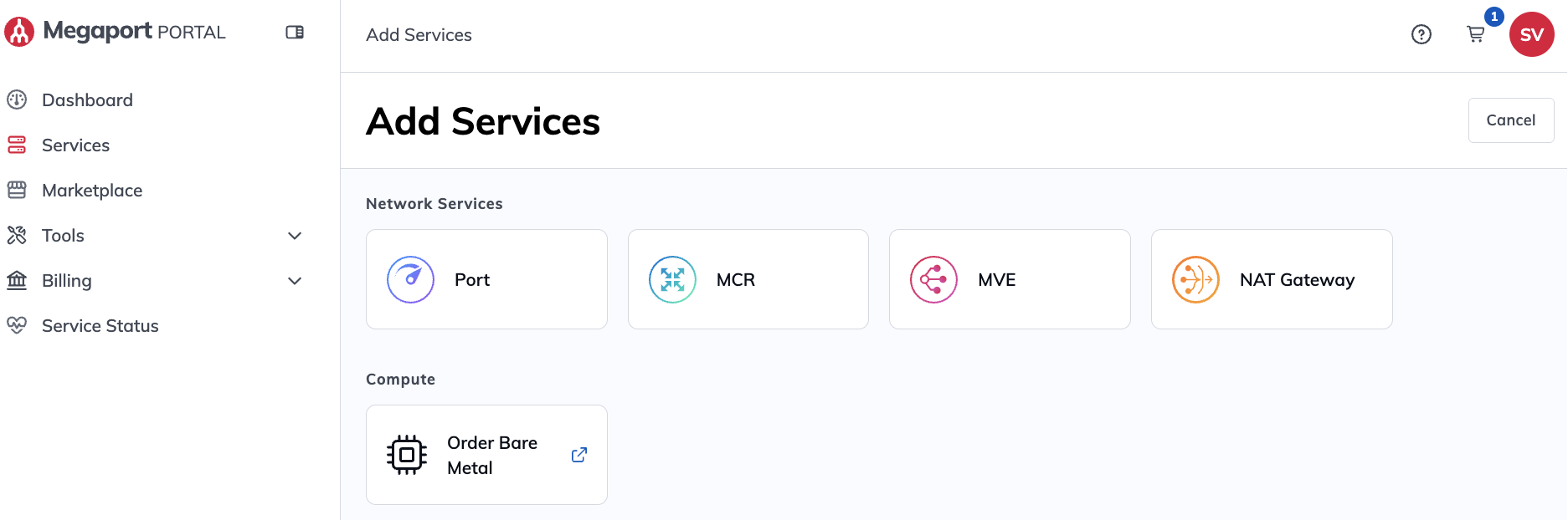Add Services page with Network Services and Compute options