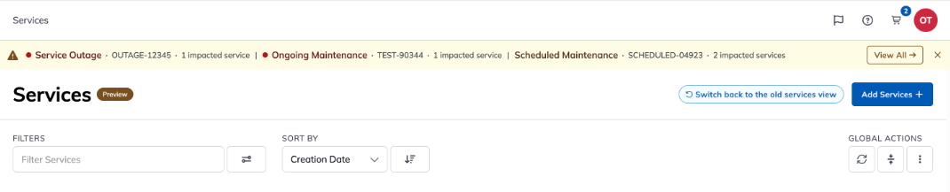 This image shows the maintenance and outage banner at the top of the page.